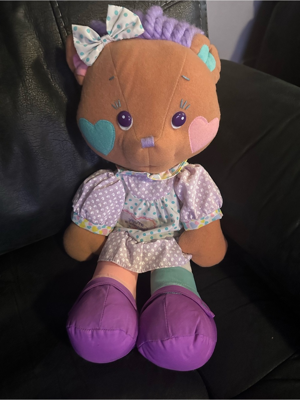 Playskool vintage bear 1988 vPlush Brown Doll with Lilac Hair & Purple Shoes -